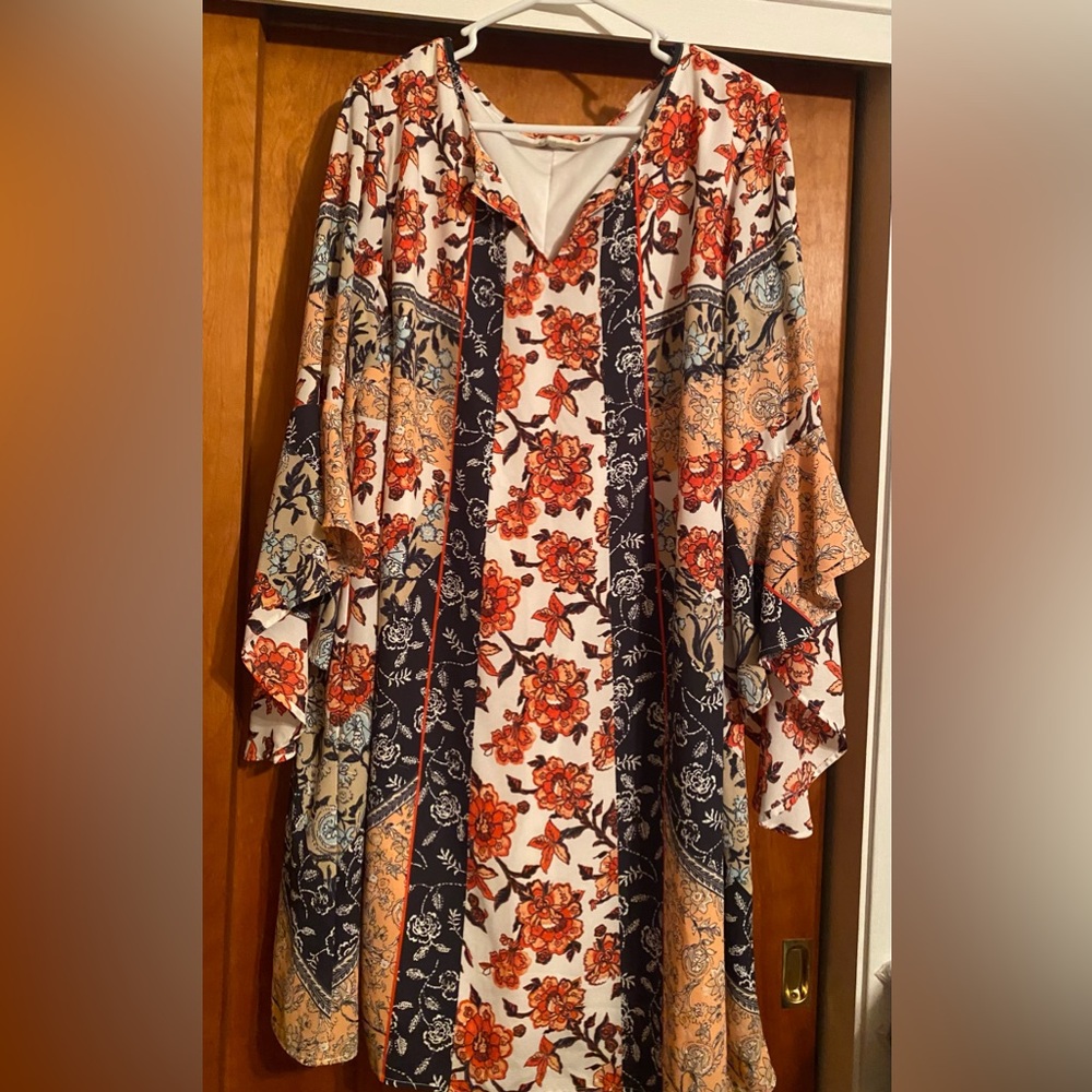 Floral Patchwork dress in Cream, Orange & Navy blue.